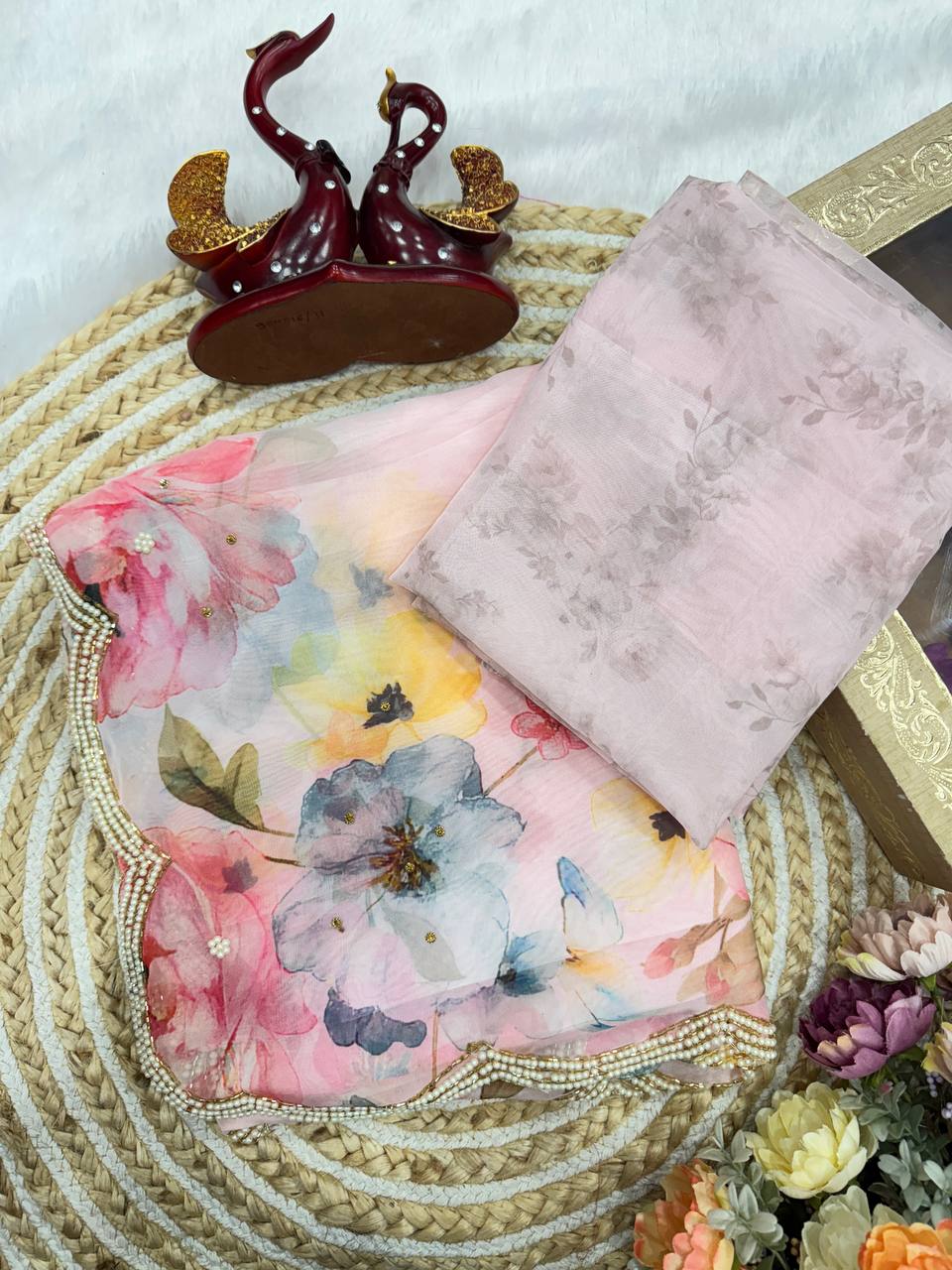 Soft Tebby Silk Floral Print Saree with Beads & Katdana Handwork Blouse