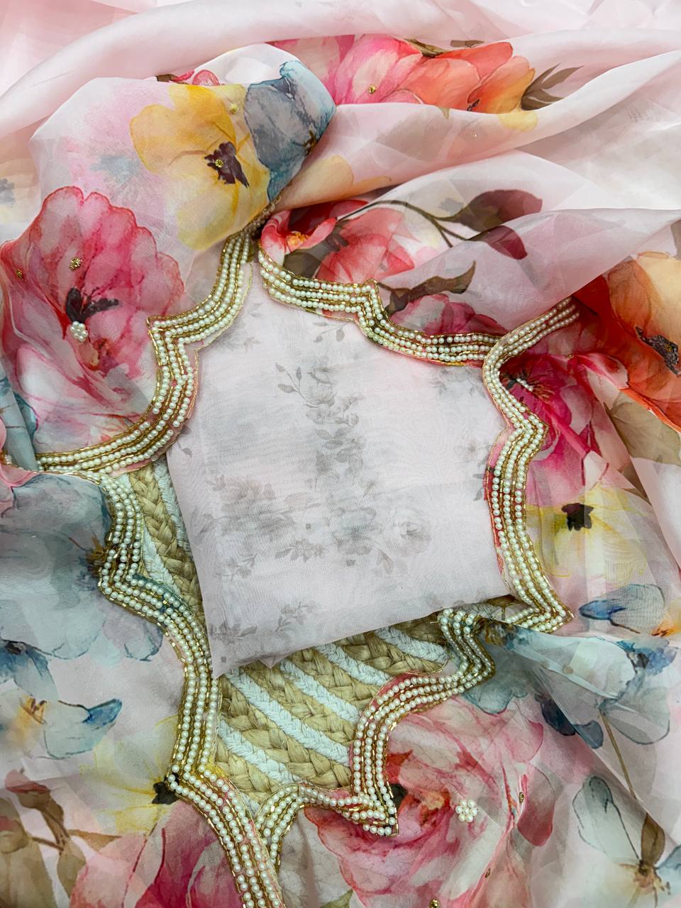 Soft Tebby Silk Floral Print Saree with Beads & Katdana Handwork Blouse