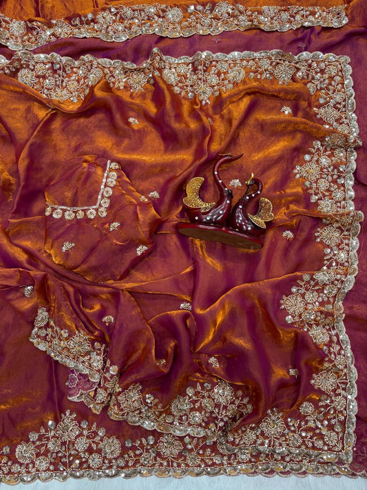 Soft Space Silk Saree with Beads & Sequins Embroidery and Designer Blouse