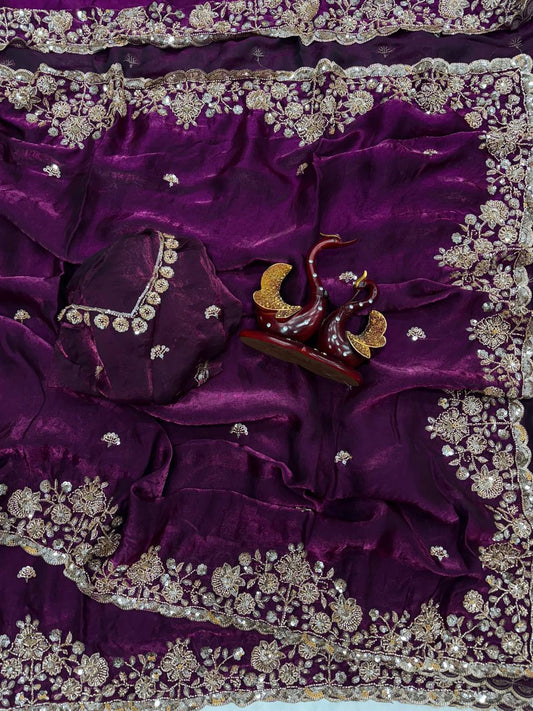 Soft Space Silk Saree with Beads & Sequins Embroidery and Designer Blouse