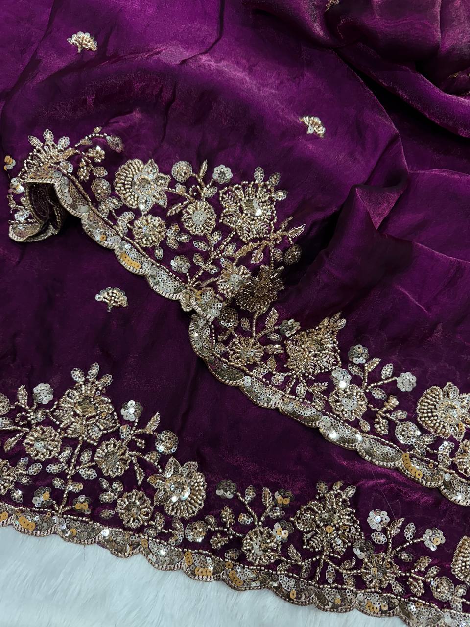 Soft Space Silk Saree with Beads & Sequins Embroidery and Designer Blouse