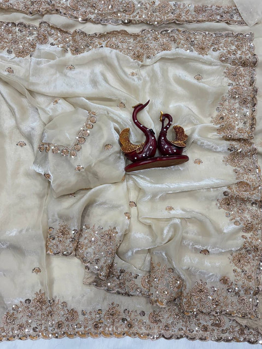 Soft Space Silk Saree with Beads & Sequins Embroidery and Designer Blouse