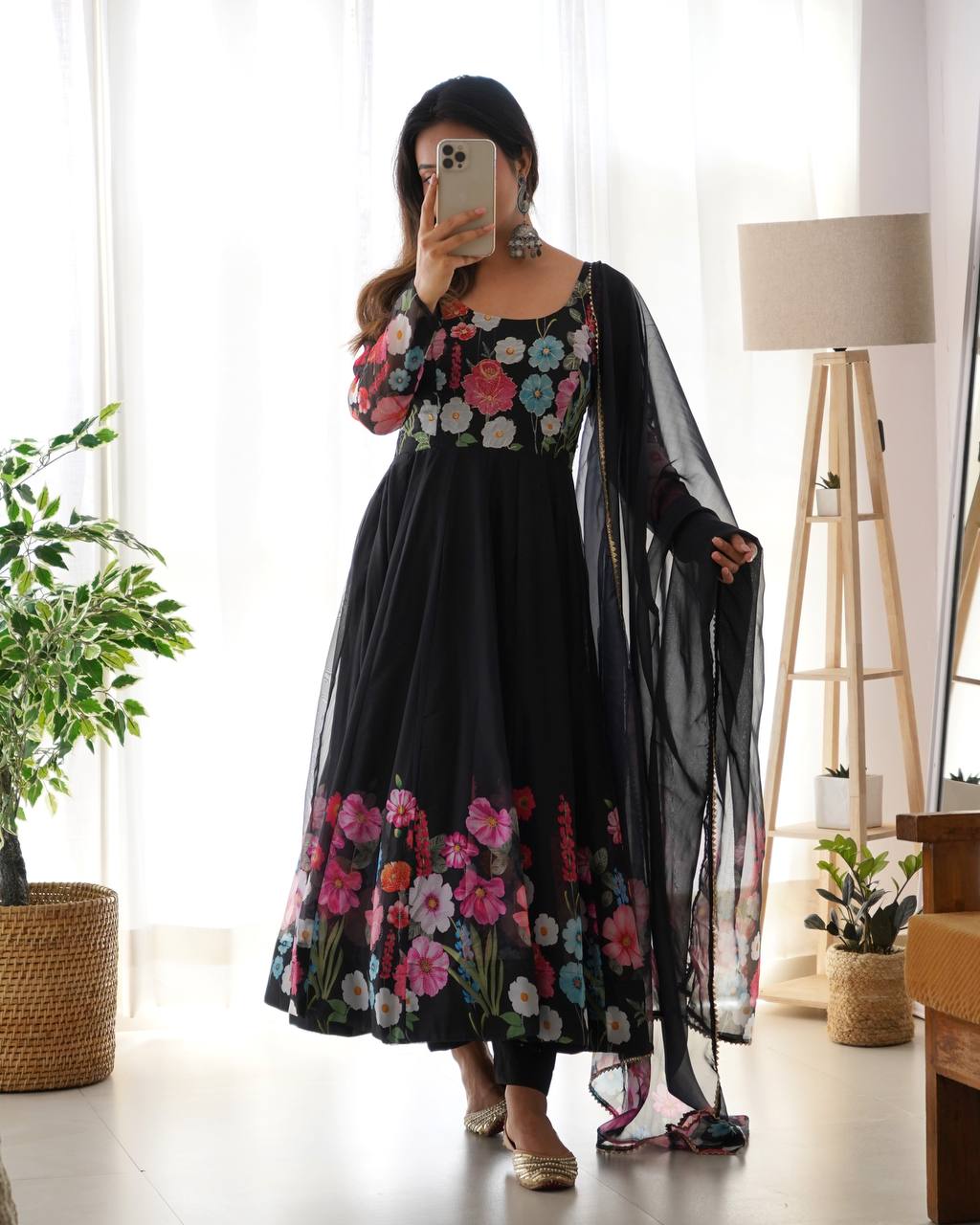 Women’s Pure Soft Organza Silk Anarkali Suit Set with Badla Zari Handwork | Floral Printed 4 Meter Flair Festive & Wedding Wear Dress