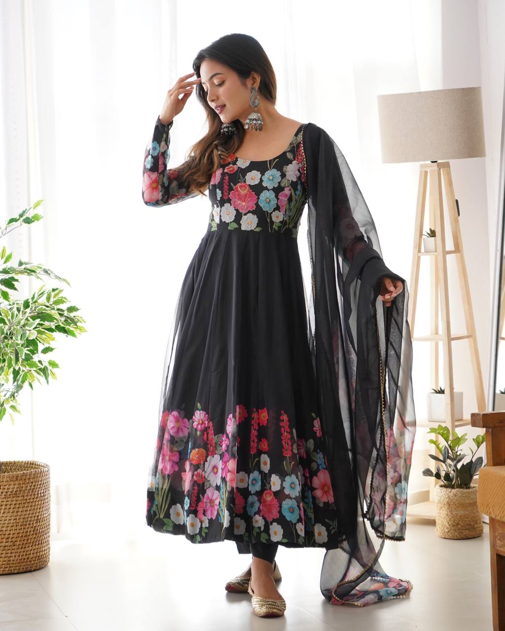 Women’s Pure Soft Organza Silk Anarkali Suit Set with Badla Zari Handwork | Floral Printed 4 Meter Flair Festive & Wedding Wear Dress