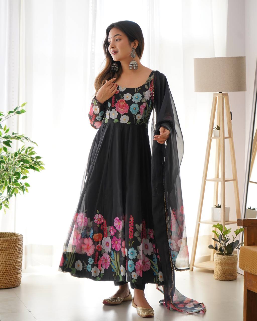 Women’s Pure Soft Organza Silk Anarkali Suit Set with Badla Zari Handwork | Floral Printed 4 Meter Flair Festive & Wedding Wear Dress