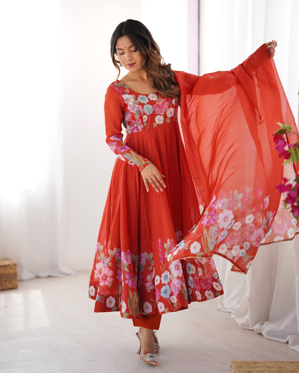 Women’s Pure Soft Organza Silk Anarkali Suit Set with Badla Zari Handwork | Floral Printed 4 Meter Flair Festive & Wedding Wear Dress