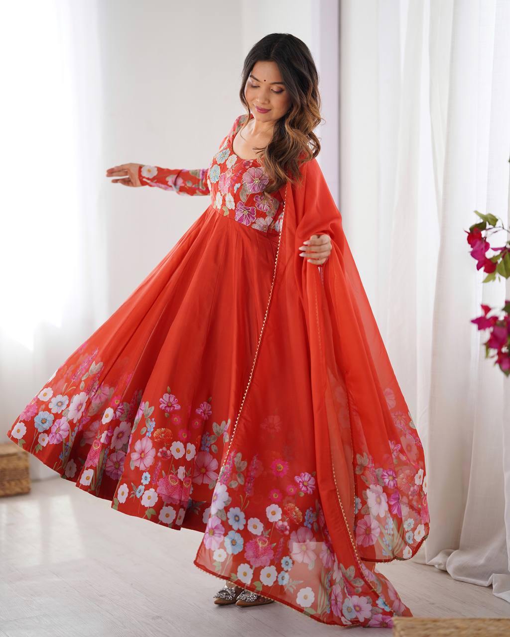 Women’s Pure Soft Organza Silk Anarkali Suit Set with Badla Zari Handwork | Floral Printed 4 Meter Flair Festive & Wedding Wear Dress