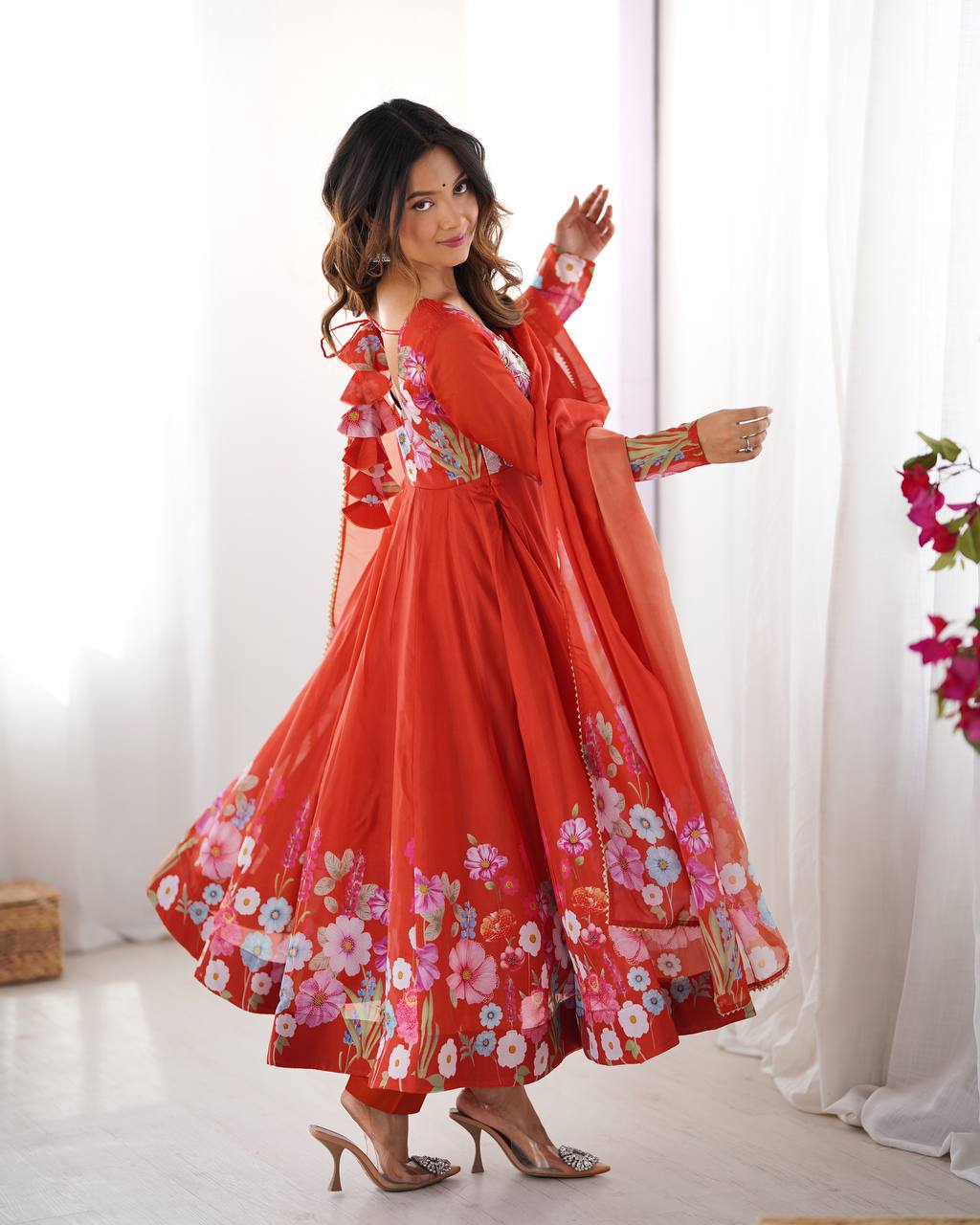 Women’s Pure Soft Organza Silk Anarkali Suit Set with Badla Zari Handwork | Floral Printed 4 Meter Flair Festive & Wedding Wear Dress