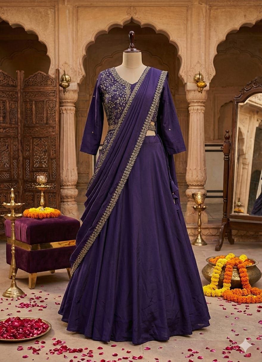Chinnon Silk Lehenga Saree with Embroidered Belt, Jacket Blouse & Dupatta – Multi Thread Sequence Work Designer Festive Outfit