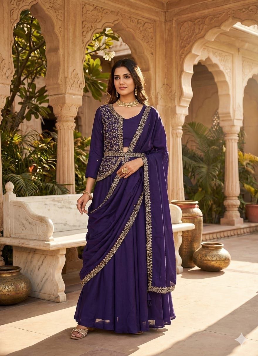 Chinnon Silk Lehenga Saree with Embroidered Belt, Jacket Blouse & Dupatta – Multi Thread Sequence Work Designer Festive Outfit