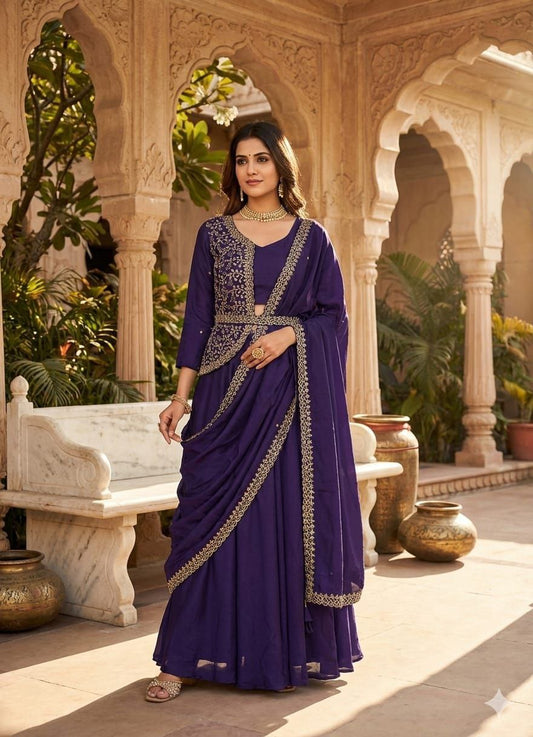 Chinnon Silk Lehenga Saree with Embroidered Belt, Jacket Blouse & Dupatta – Multi Thread Sequence Work Designer Festive Outfit