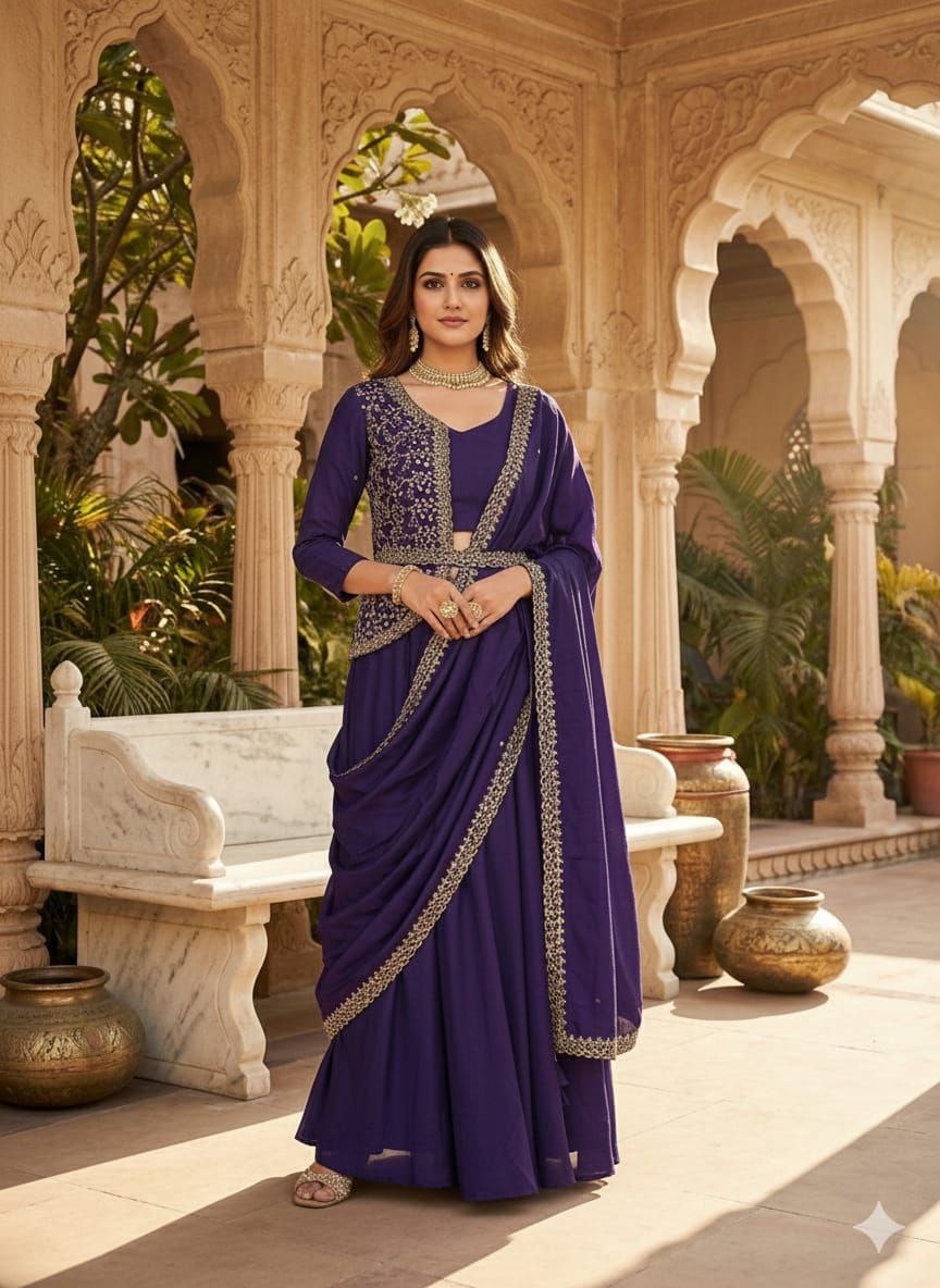 Chinnon Silk Lehenga Saree with Embroidered Belt, Jacket Blouse & Dupatta – Multi Thread Sequence Work Designer Festive Outfit