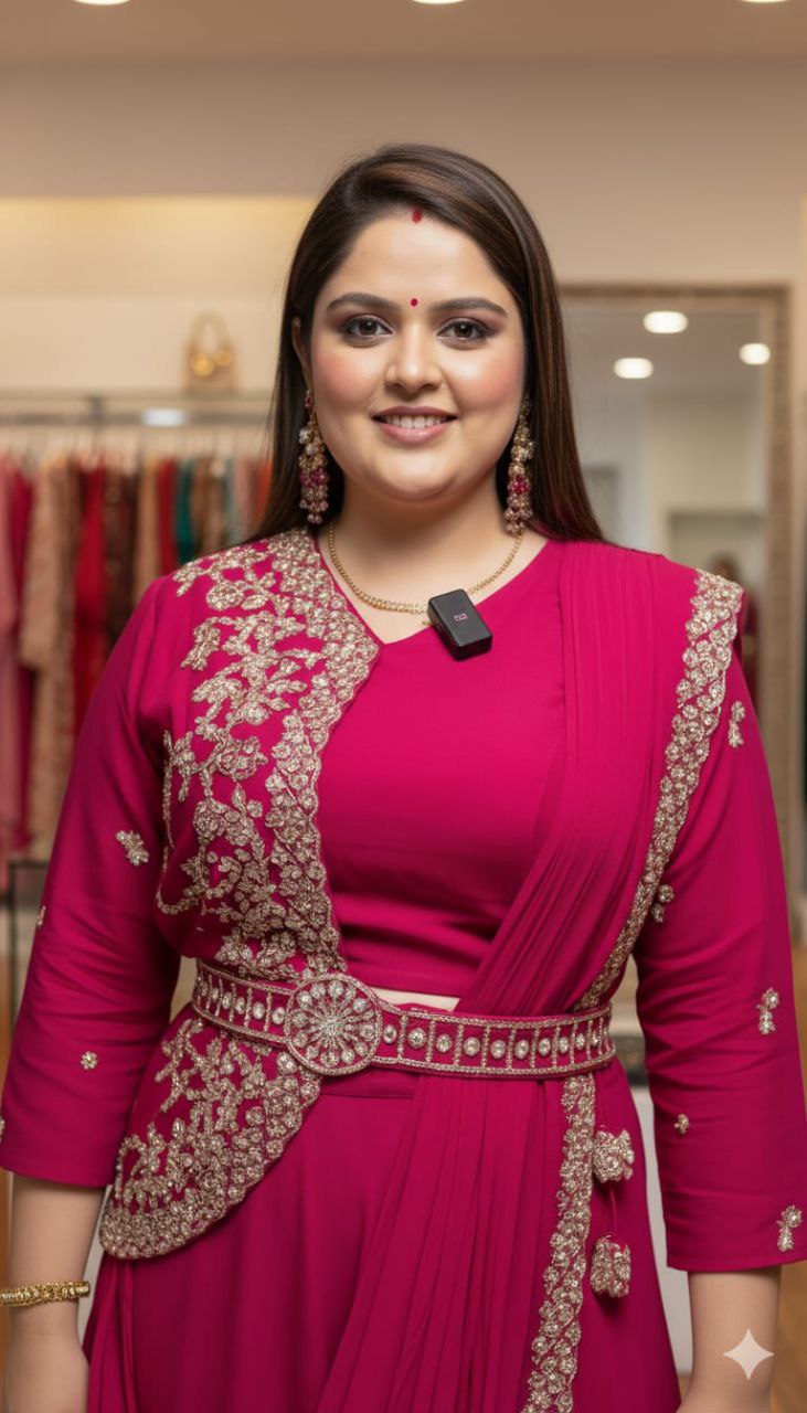 Chinnon Silk Lehenga Saree with Embroidered Belt, Jacket Blouse & Dupatta – Multi Thread Sequence Work Designer Festive Outfit