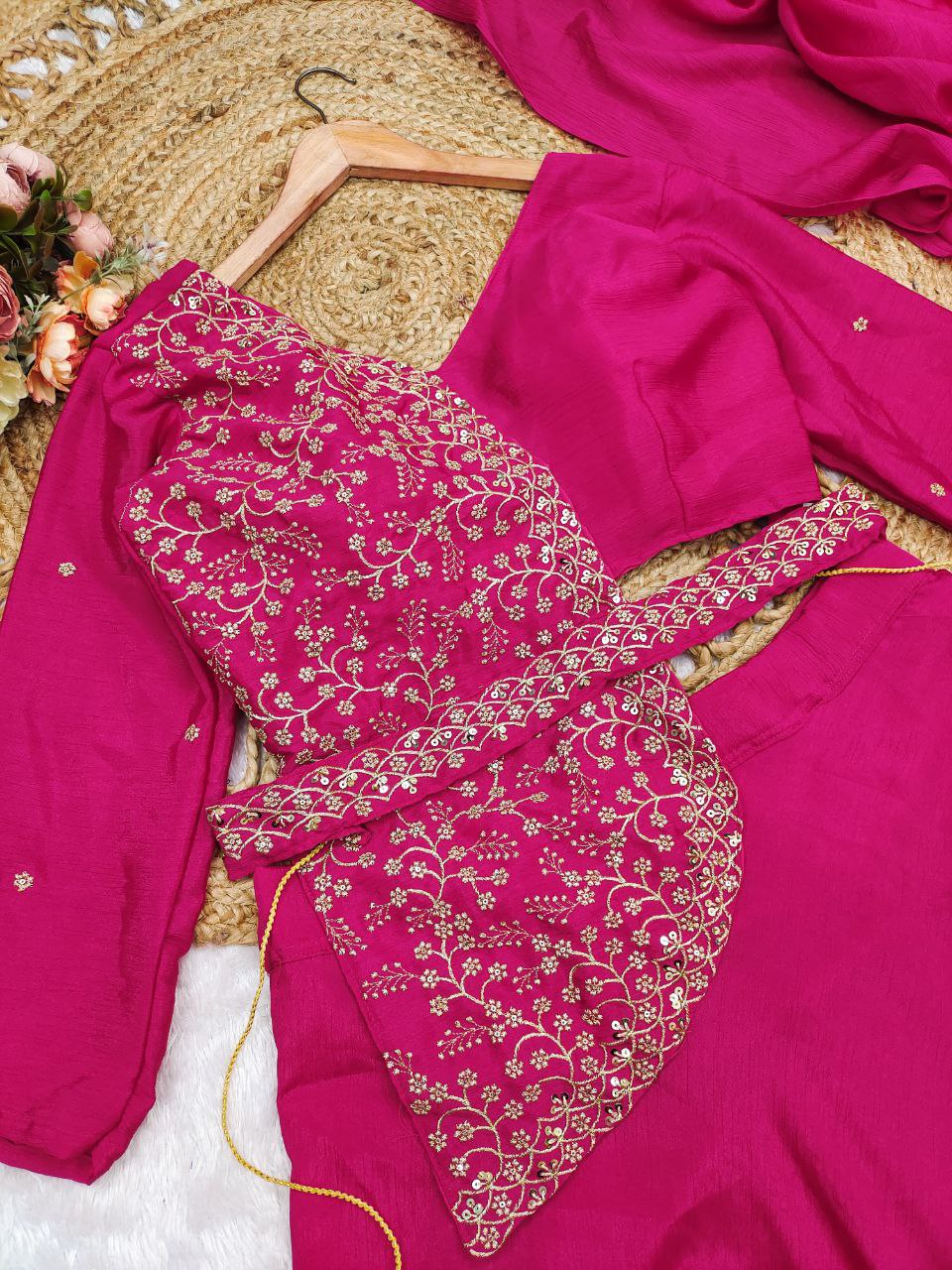 Chinnon Silk Lehenga Saree with Embroidered Belt, Jacket Blouse & Dupatta – Multi Thread Sequence Work Designer Festive Outfit