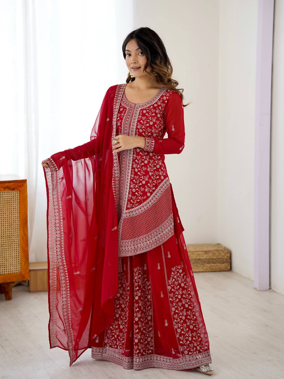 Premium Faux Georgette Top Plazo Set with Embroidered Dupatta
