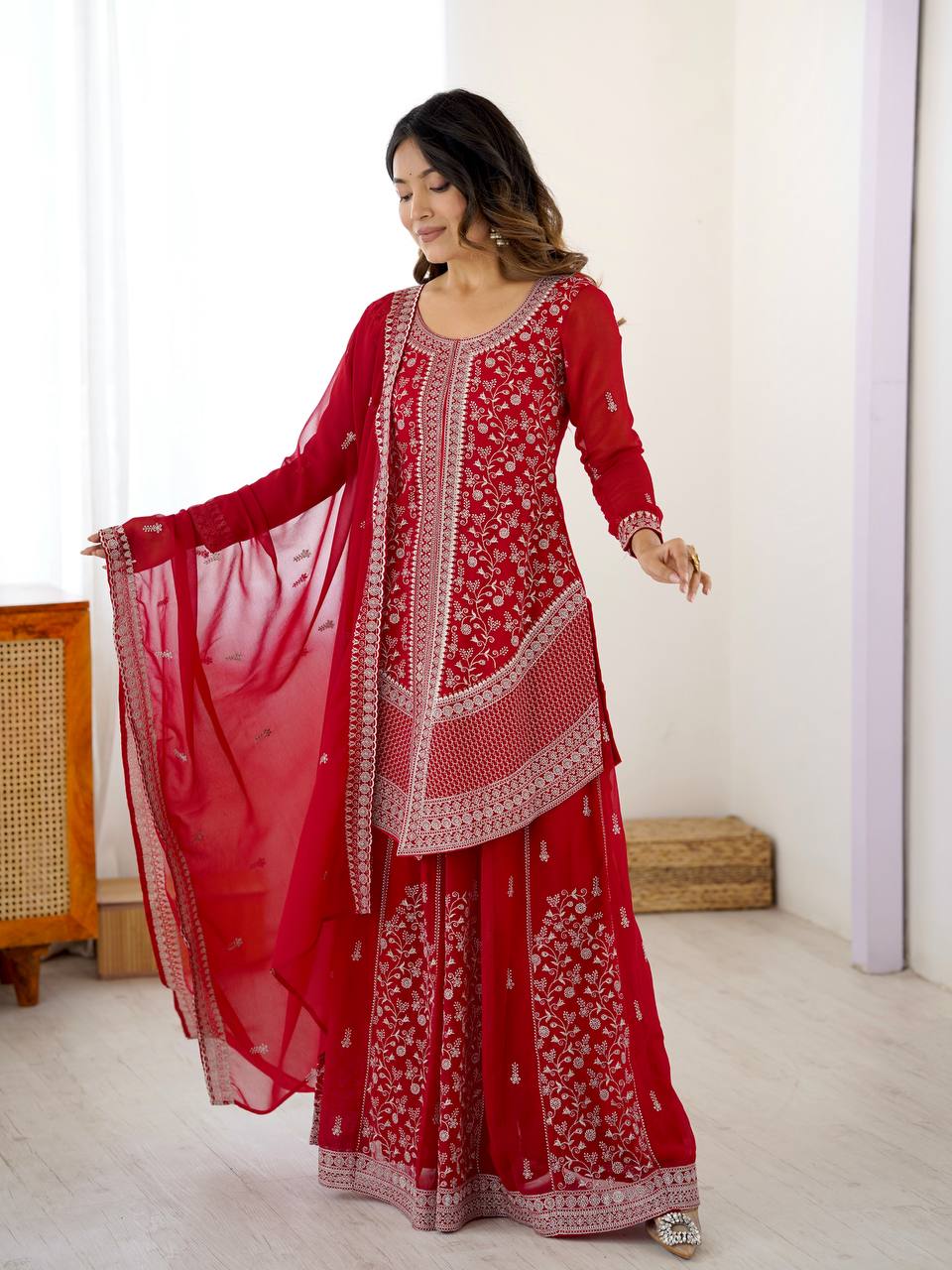 Premium Faux Georgette Top Plazo Set with Embroidered Dupatta