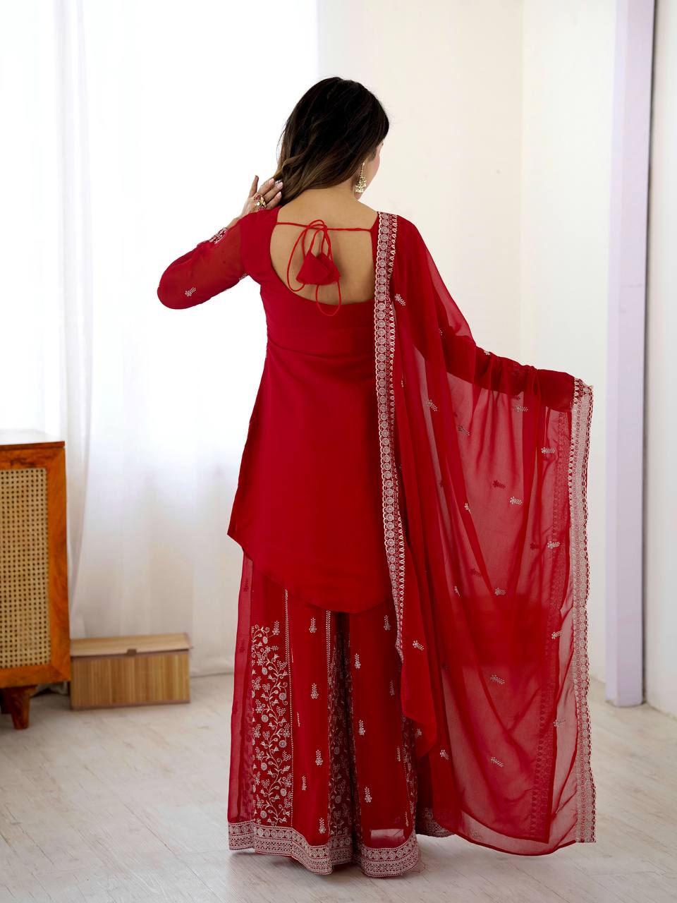 Premium Faux Georgette Top Plazo Set with Embroidered Dupatta