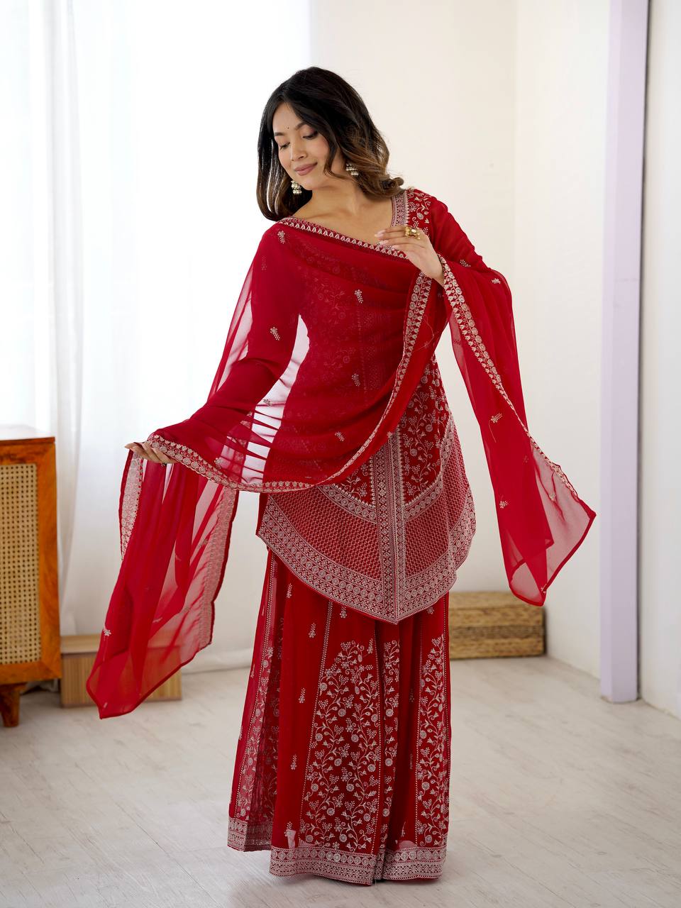 Premium Faux Georgette Top Plazo Set with Embroidered Dupatta