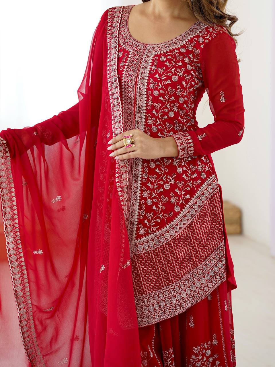 Premium Faux Georgette Top Plazo Set with Embroidered Dupatta