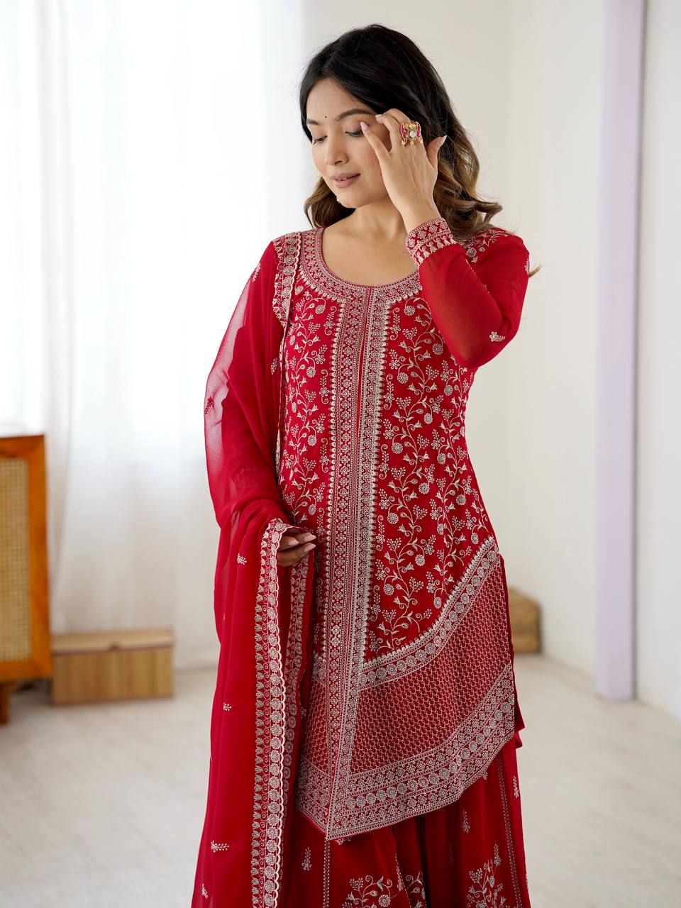 Premium Faux Georgette Top Plazo Set with Embroidered Dupatta
