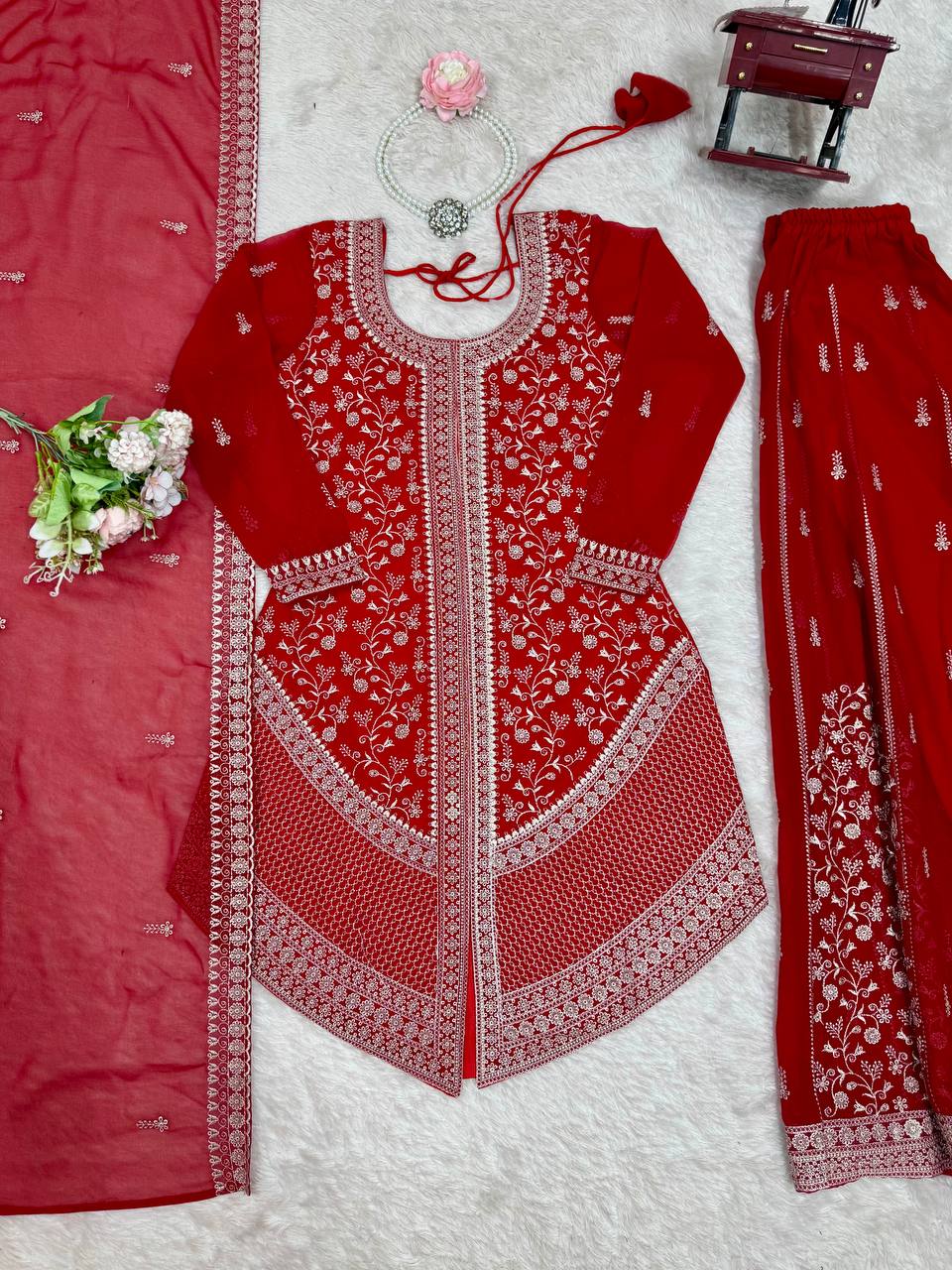 Premium Faux Georgette Top Plazo Set with Embroidered Dupatta