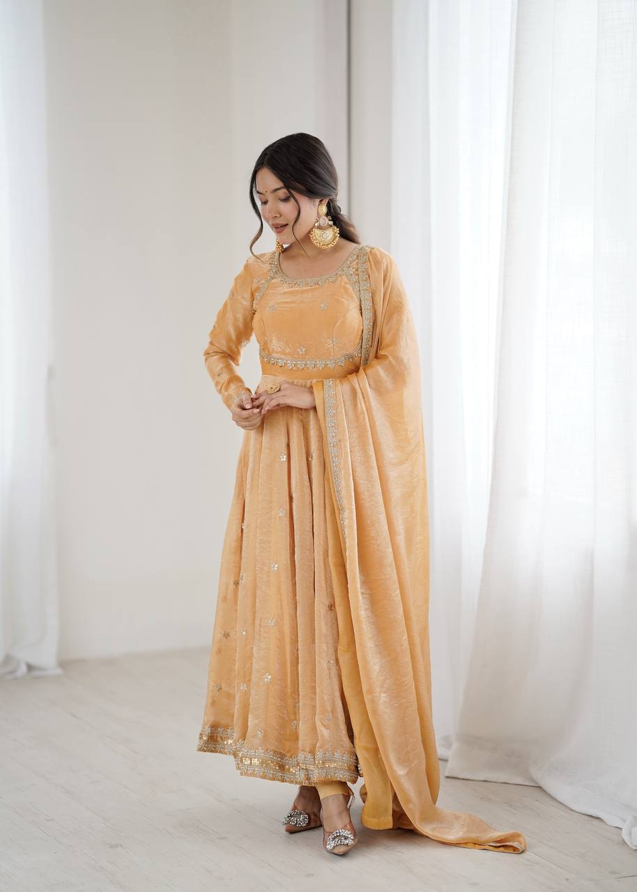 Designer Fandy Silk Embroidered Gown Set with Pant & Dupatta