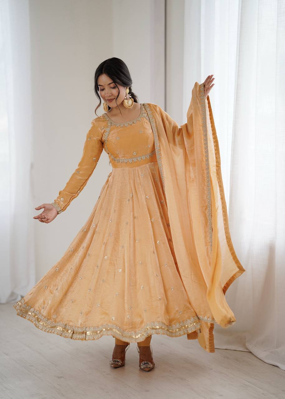 Designer Fandy Silk Embroidered Gown Set with Pant & Dupatta