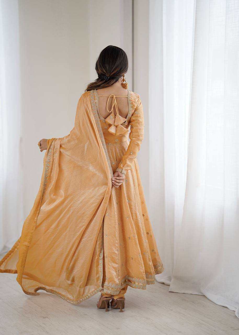 Designer Fandy Silk Embroidered Gown Set with Pant & Dupatta