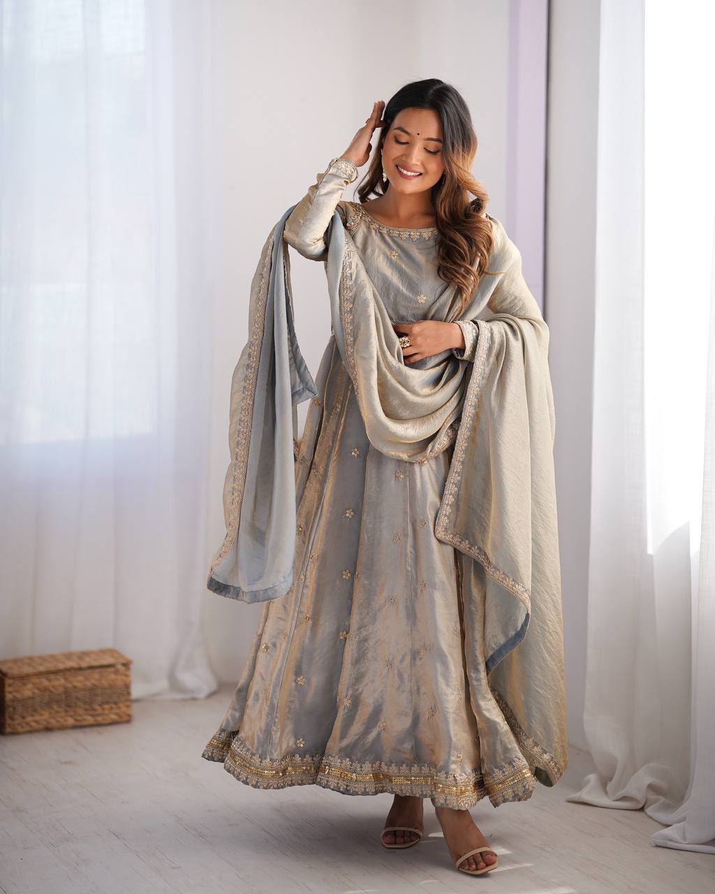 Designer Fandy Silk Embroidered Gown Set with Pant & Dupatta