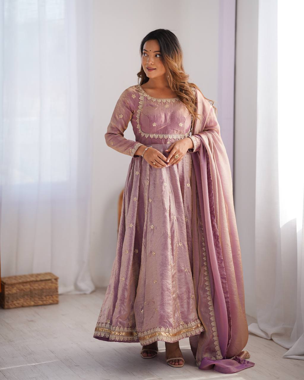 Designer Fandy Silk Embroidered Gown Set with Pant & Dupatta