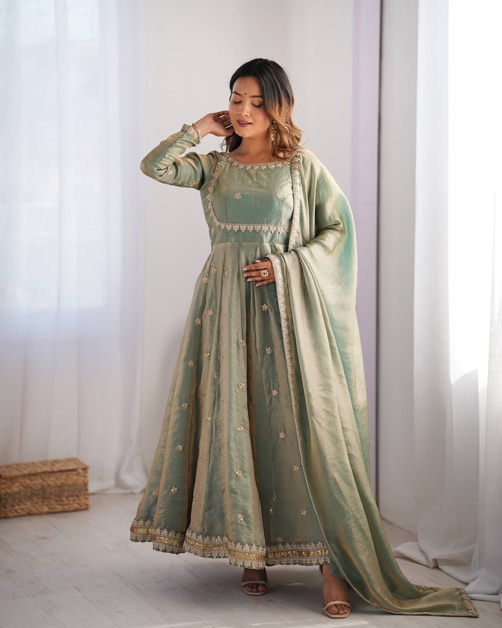Designer Fandy Silk Embroidered Gown Set with Pant & Dupatta
