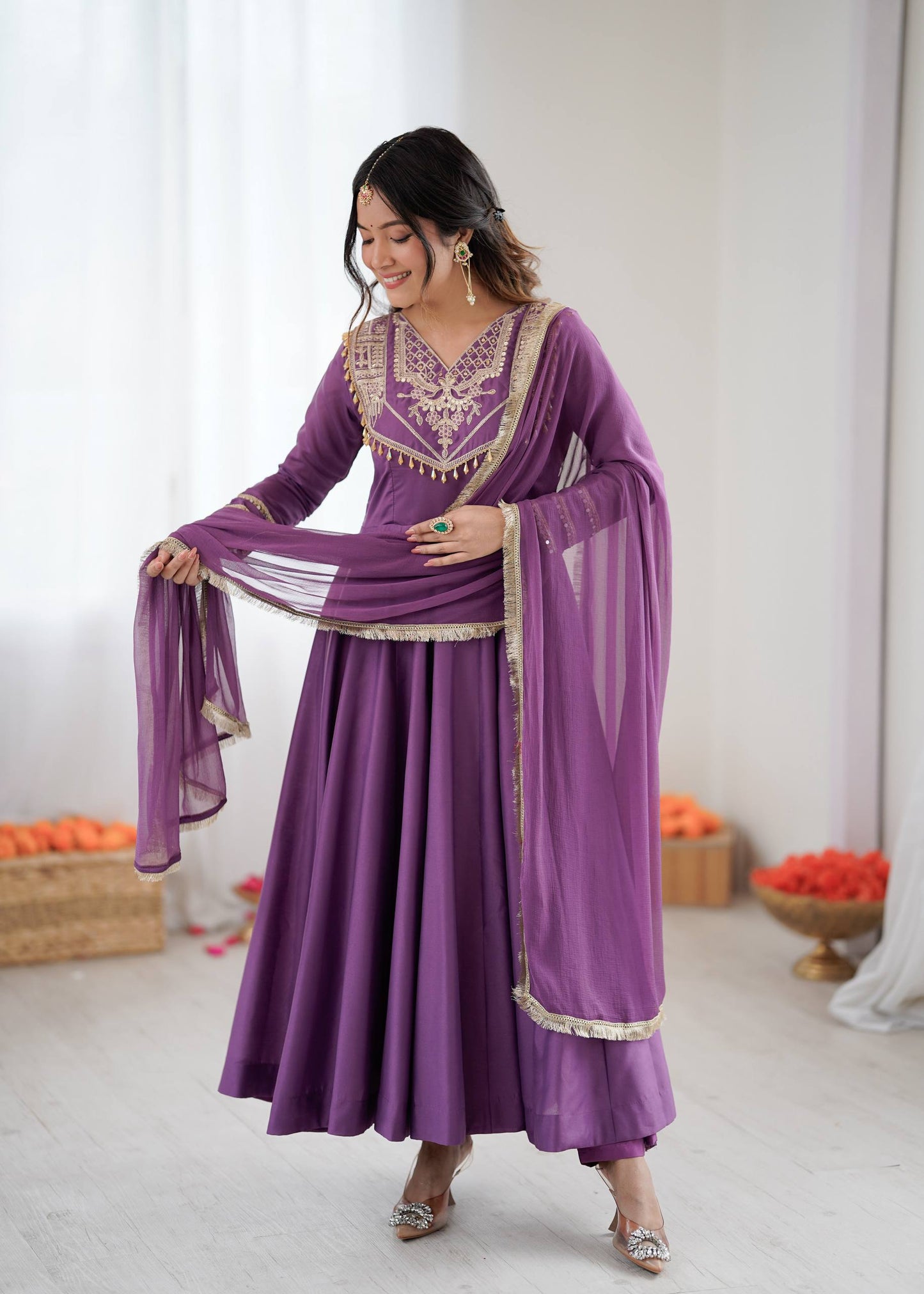 Premium Roman Silk Anarkali Gown Set with Dupatta – Fully Stitched Party Wear Anarkali Suit for Women (4.5m Flair)