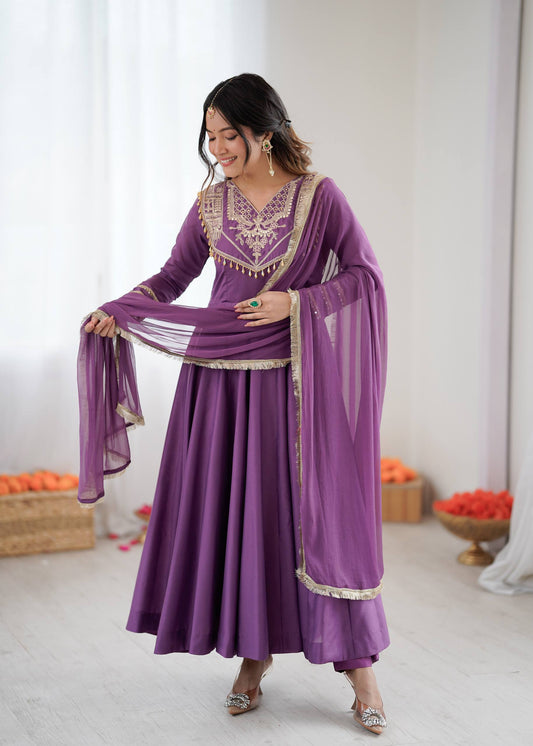 Premium Roman Silk Anarkali Gown Set with Dupatta – Fully Stitched Party Wear Anarkali Suit for Women (4.5m Flair)
