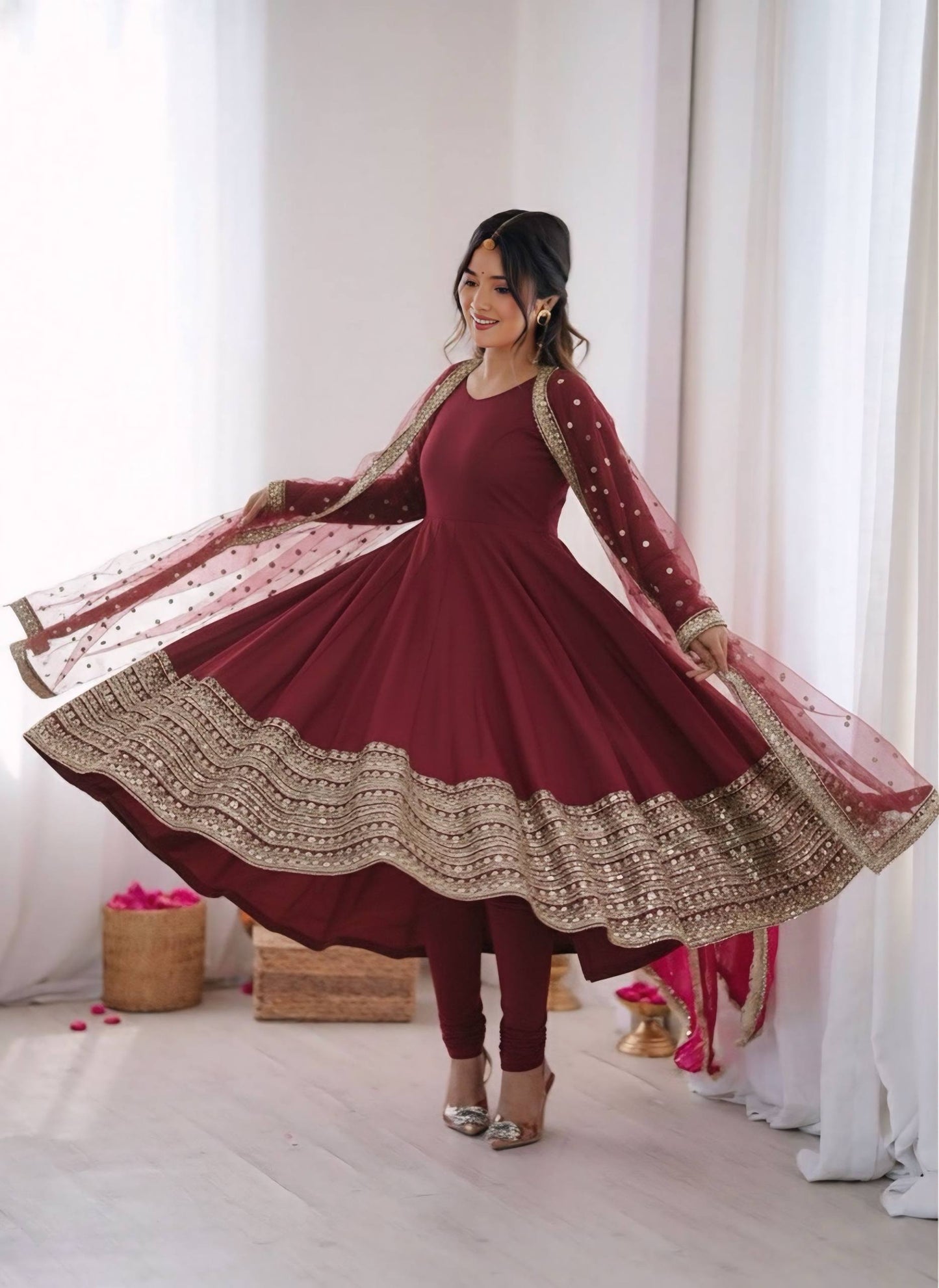 Premium Roman Silk Anarkali Gown Set with Dupatta – Fully Stitched Party Wear Anarkali Suit for Women (Coding Sequence Work)
