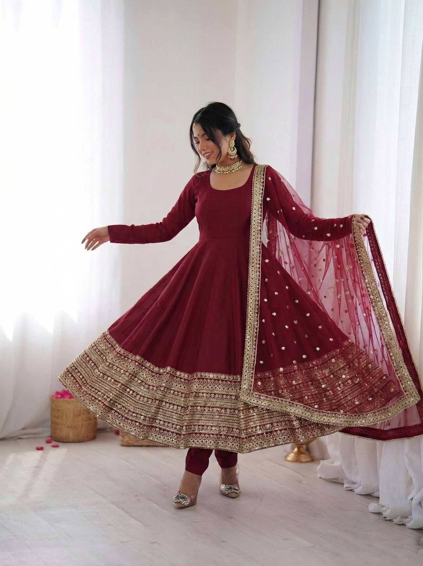 Premium Roman Silk Anarkali Gown Set with Dupatta – Fully Stitched Party Wear Anarkali Suit for Women (Coding Sequence Work)