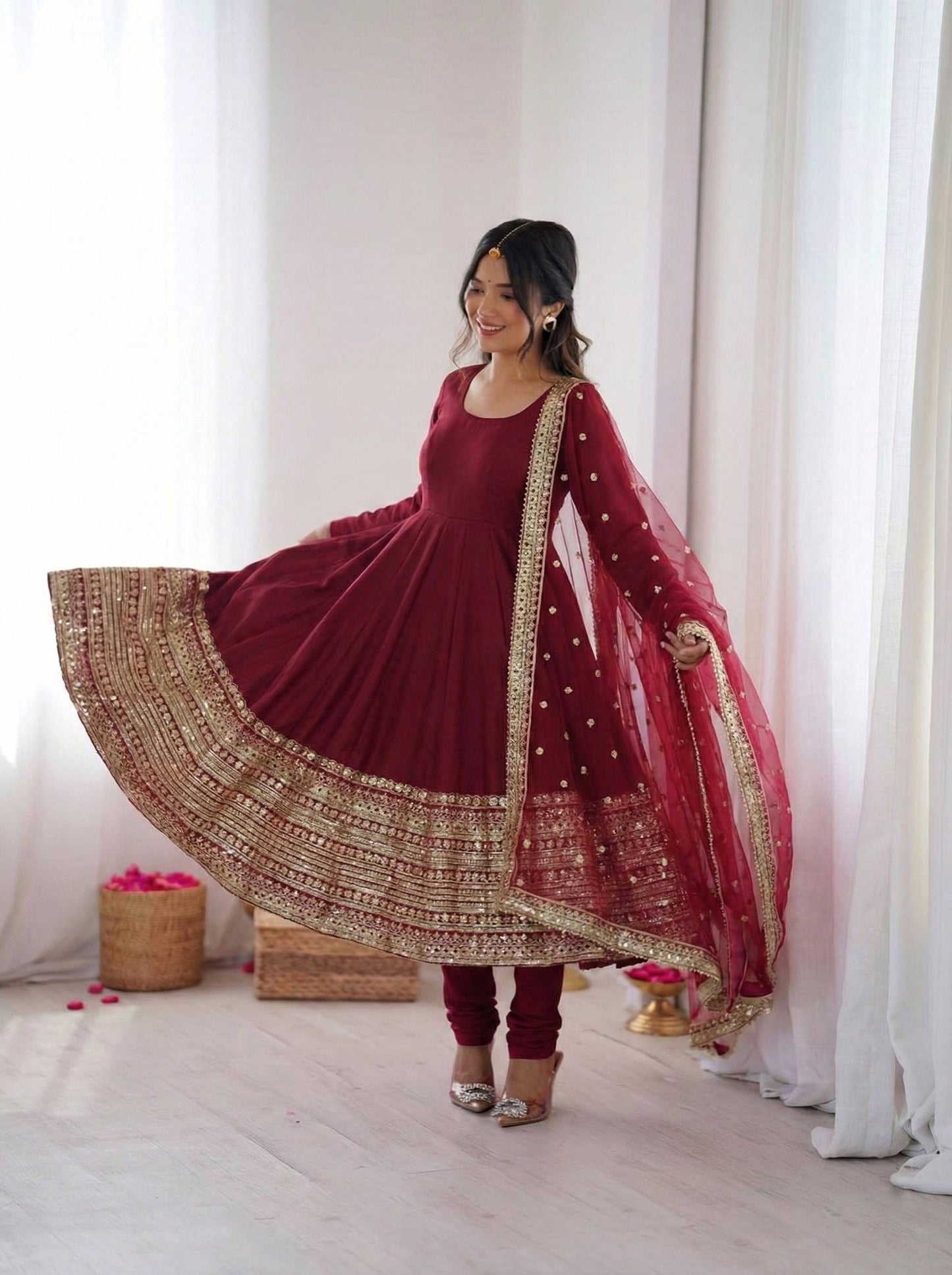 Premium Roman Silk Anarkali Gown Set with Dupatta – Fully Stitched Party Wear Anarkali Suit for Women (Coding Sequence Work)