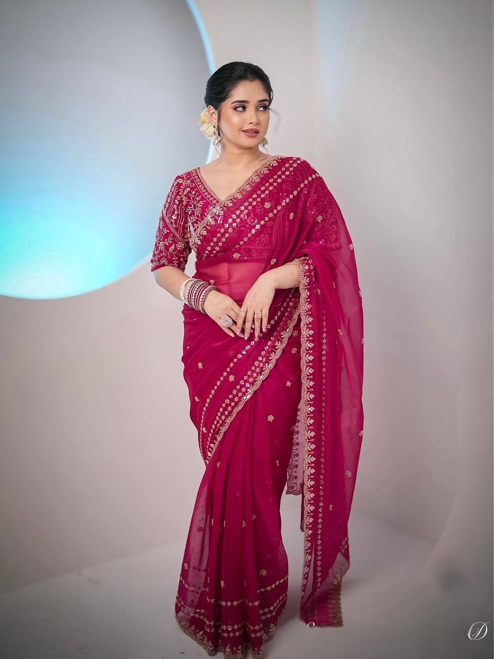 Soft Space Silk Designer Saree with Zari & Sequence Embroidery and Full Stitched Blouse