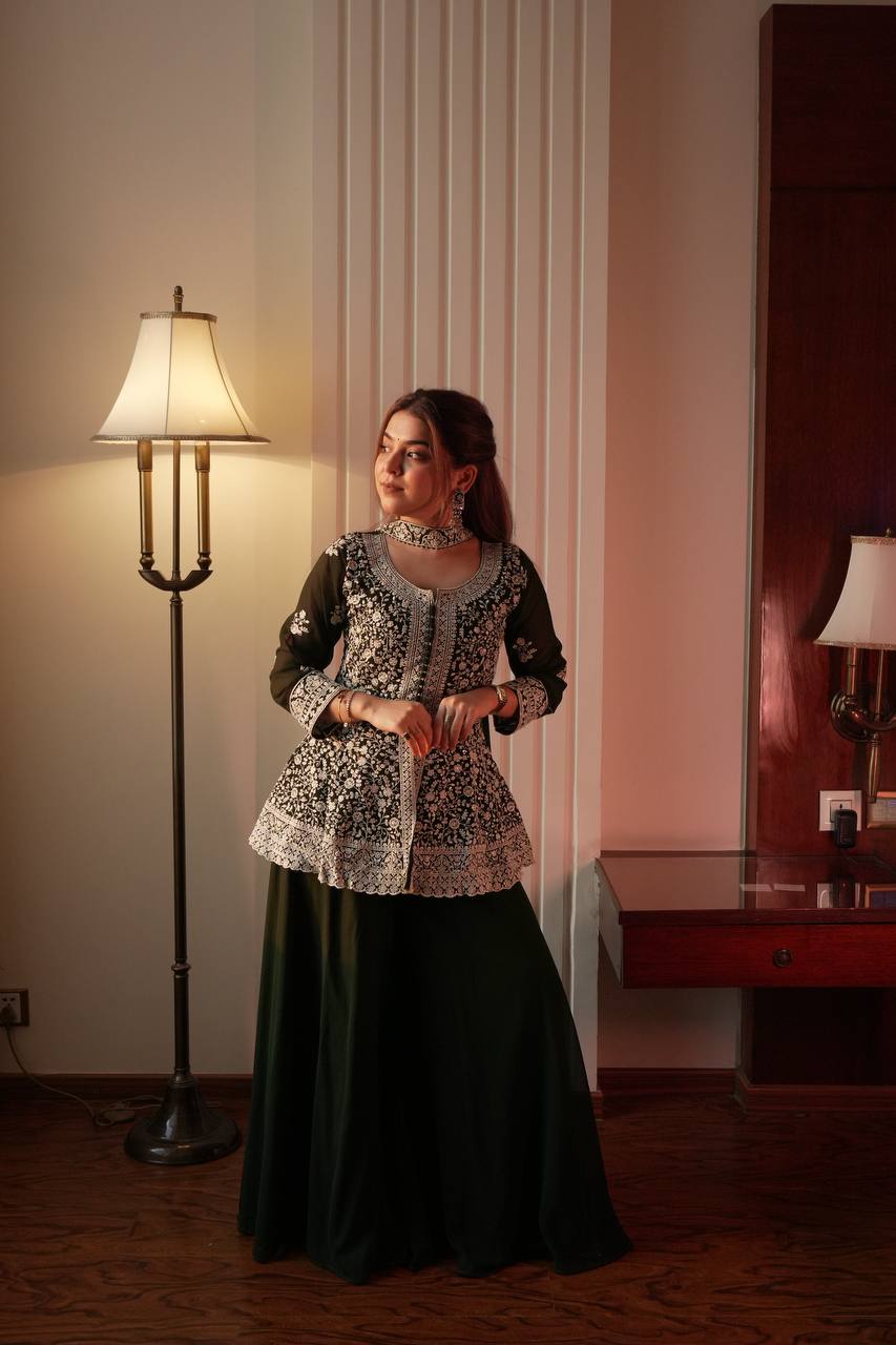Embroidered Georgette Peplum Top with Palazzo & Dupatta Set | Festive Party Wear Kurti Set for Women