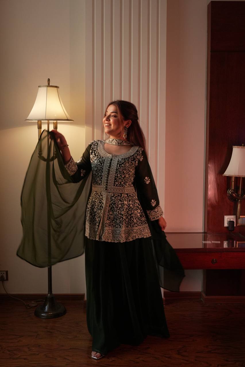 Embroidered Georgette Peplum Top with Palazzo & Dupatta Set | Festive Party Wear Kurti Set for Women