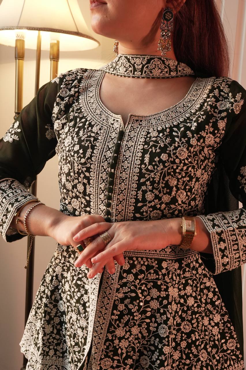 Embroidered Georgette Peplum Top with Palazzo & Dupatta Set | Festive Party Wear Kurti Set for Women
