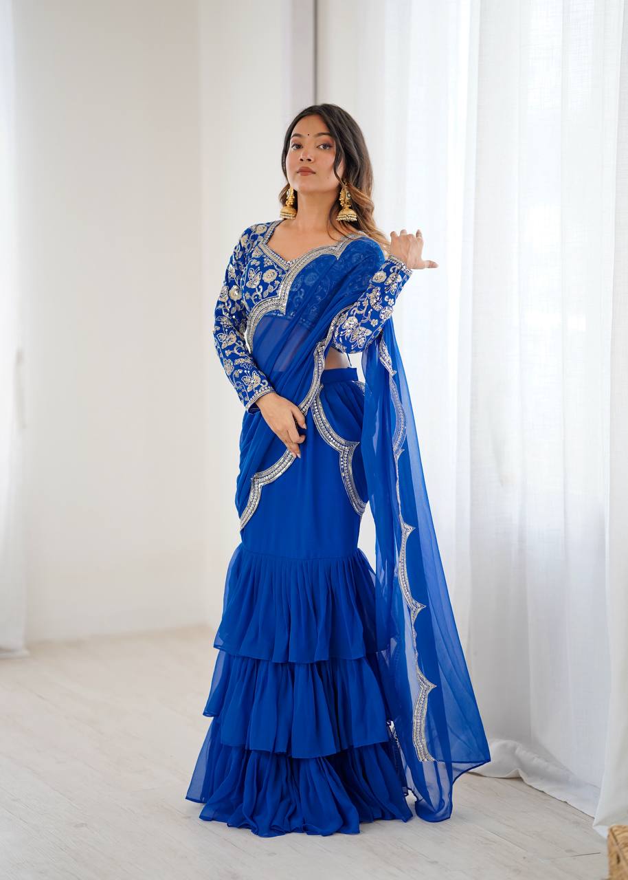Elegant Faux Georgette Ruffle Saree with Thread & Sequin Embroidery