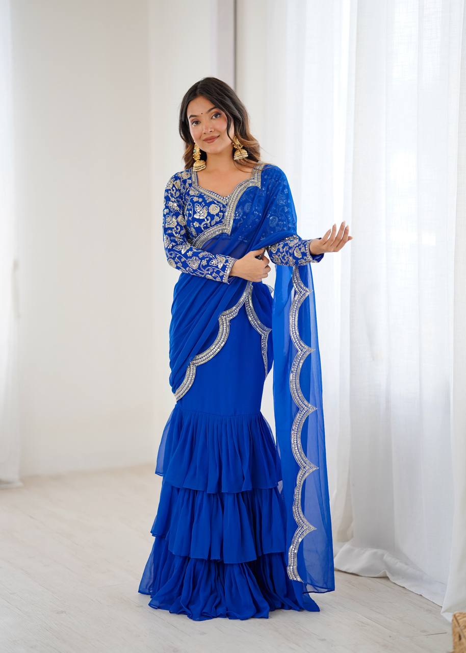 Elegant Faux Georgette Ruffle Saree with Thread & Sequin Embroidery