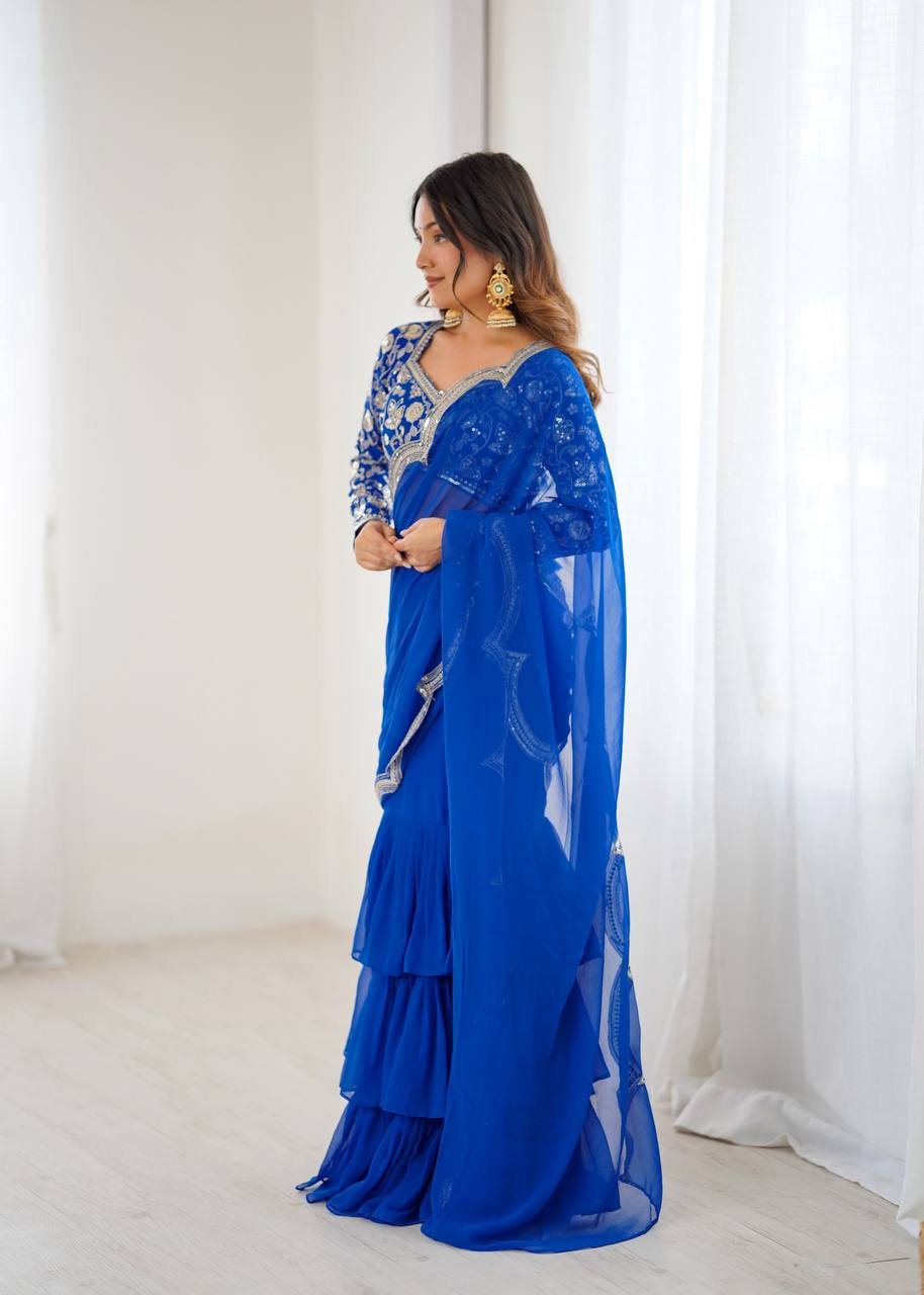 Elegant Faux Georgette Ruffle Saree with Thread & Sequin Embroidery