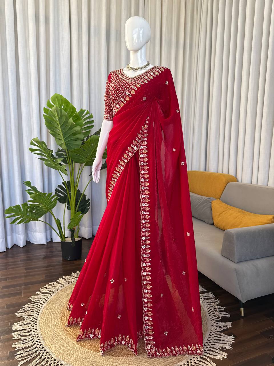 Designer Fendy Silk Saree with Heavy Beads, Thread & Sequence Work – Wedding & Party Wear Saree with Unstitched Blouse