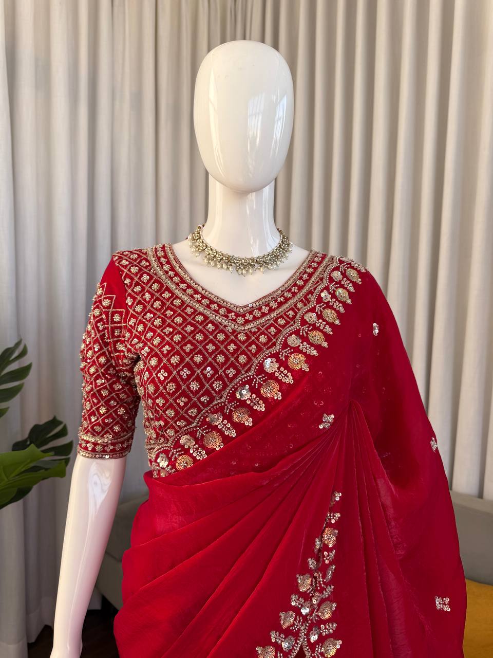 Designer Fendy Silk Saree with Heavy Beads, Thread & Sequence Work – Wedding & Party Wear Saree with Unstitched Blouse