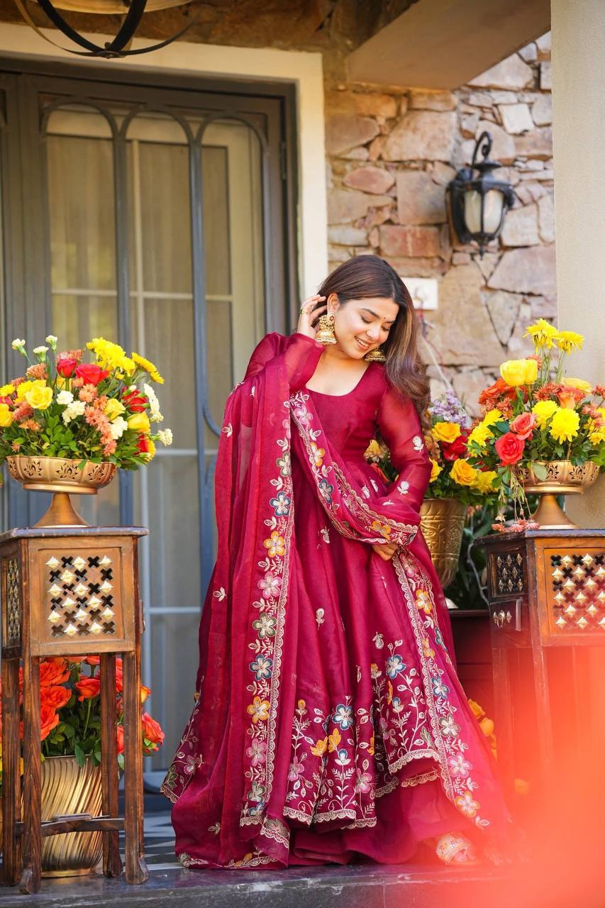 Designer GMY Silk Anarkali Set with Palazzo & Dupatta
