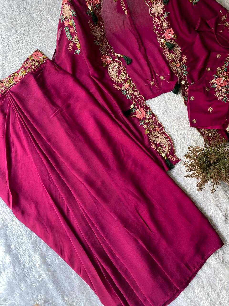 Party & Wedding Special Indo-Western Shrug, Dhoti & Blouse Set