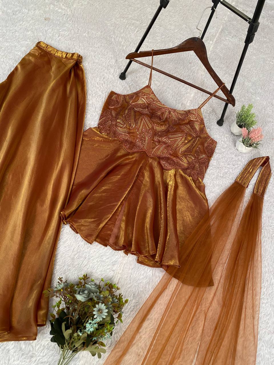 Wedding Season Exclusive Sequin Embroidered Top, Plazzo & Dupatta Set