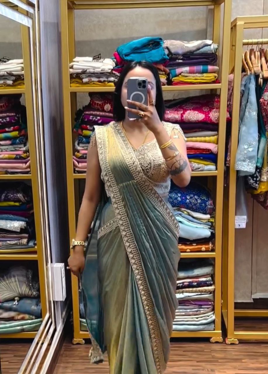 Super Trending Ready-to-Wear Fandy Satin Saree with Embroidered Blouse