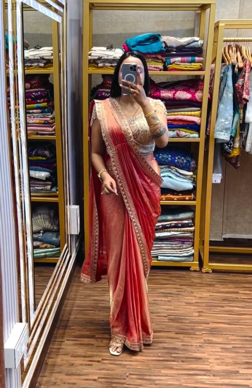 Super Trending Ready-to-Wear Fandy Satin Saree with Embroidered Blouse